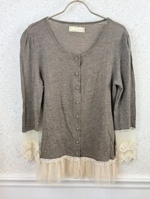 a'reve by Anthropologie Brown Lace Tule Trim Sweater - Size - Large thumbnail 7