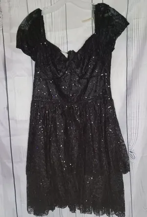 David's Bridal Short Sleeve Illusion Lace Tiered Ruffle Black Homecoming Dress thumbnail 1