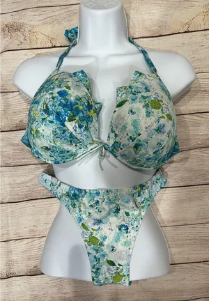 Victoria's Secret BOMBSHELL Push Up SWIM SET floral blue Bikini 38D/Large thumbnail 1