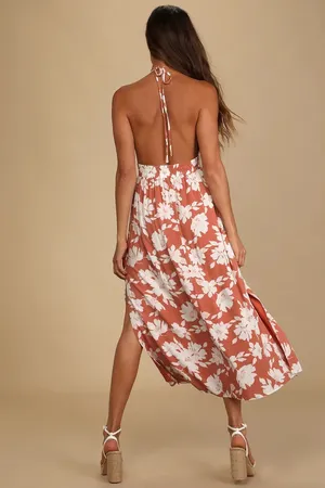 Lulus Follow the Summer Orange Floral Print Halter Midi Dress Large thumbnail 3