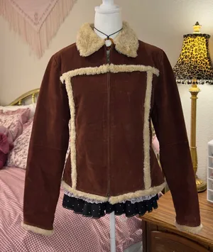Rue 21 Y2K Brown Leather Jacket with Cream Shearling Trim thumbnail 1
