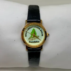 Vintage women gold tone watch quartz analog 22mm round black leather running thumbnail 1