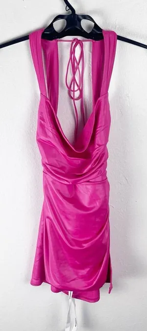 LUCY IN THE SKY Pink Draped Front Ruched Sides Low Back Cutout Mini Dress Small thumbnail 1