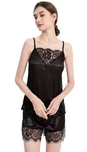 Ice Silk Lace edge 2pc set: shorts + sleeveless top Home wear Pajama Lingerie thumbnail 6