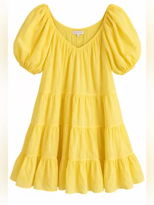 Rebecca Taylor Tiered Silk Cotton Puff Sleeve Dress Womens XL Yellow thumbnail 2