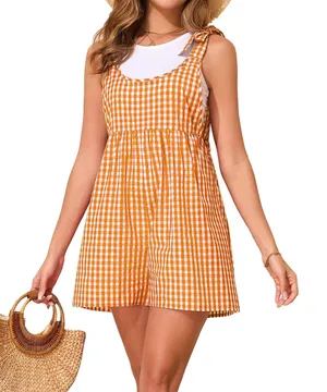NWOT Women's Orange Gingham Tie Strap Romper Cotton Y2K Overalls Shorts Small thumbnail 1
