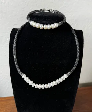 WJ Sterling Silver 925 Braided Black Leather Pearl Necklace Bracelet Jewelry Set thumbnail 1