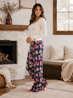 Navy Floral Wide Leg Lounge Pants Drawstring Waist NWT thumbnail 3
