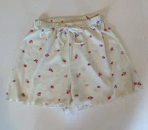 Women’s Small Cream with Pink Flowers Waffle Knit Lounge or Pajama Shorts thumbnail 1
