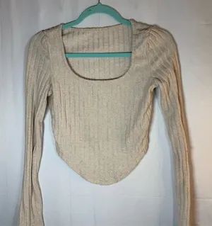 SHEIN Cropped Top Womens Size S Beige Ribbed Knit Square Neck Long Sleeve thumbnail 1