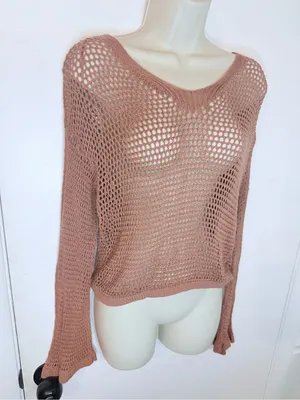 Happily Grey Open Knit Sweater Dusty Rose Mesh Crochet Size L Long Sleeve thumbnail 3