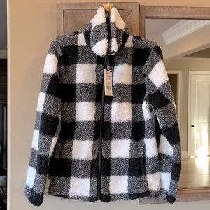 Sherpa Cozy Jacket Fluffy Zip Black White Buffalo Checkerboard Comfy Womens M thumbnail 1
