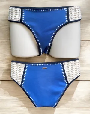 Victorias Secret VS Swim Surf Crochet Bikini Bottom Cheeky Blue Ivory Boho Sz S thumbnail 1