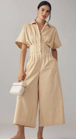 EXQUISE The Tobie Button-Front Cropped Pleated Jumpsuit in Natural Size Medium thumbnail 1