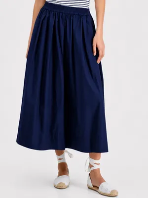 097- On 34th Navy Blue Pull-On Cotton Poplin Midi Skirt Size Large thumbnail 2