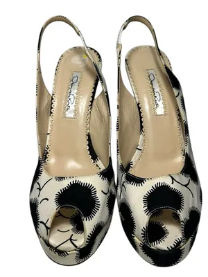 Oscar de la Renta Women’s 37.5 7.5 Black Cream Floral Slingback Platform Wedges thumbnail 5