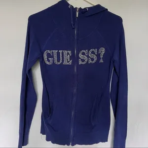 Guess zip up hooded jacket blue with rhinestone logo size small thumbnail 1