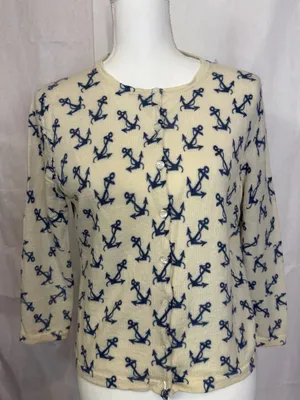 Garnet Hill Cream and Navy Anchor Button-Front Top thumbnail 1