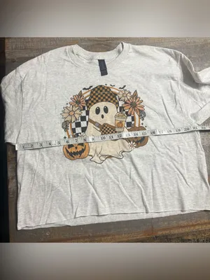 Gildan Light Gray Long Sleeve Cropped Ghost Graphic Tee with Orange Accents thumbnail 6