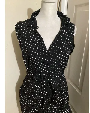 Anthropologie Tylho Dress Womens Small Black White Polka Dot Button Belted Sleeveless Pockets thumbnail 2