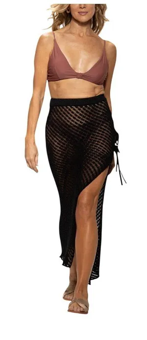 Dotti Womens Crochet Side-Tie Cover-up Maxi Skirt 85273 Black M thumbnail 1