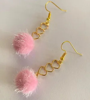 Handmade Earrings Heart Pink Pompom Dangle Kawaii y2k thumbnail 1