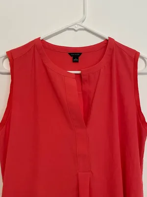 ANN TAYLOR Matte Jersey Shell Coral Split Neck Mixed Media Sleeveless Tank Top S thumbnail 5