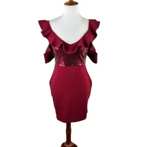NaaNaa Burgundy Sequin Ruffle Off Shoulder Bodycon Mini Dress Size 10 thumbnail 2