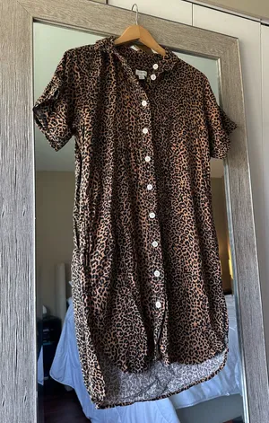 J. Crew Cheetah Print Linen Blend T-Shirt Button Down Shift Mini Dress Size XS thumbnail 1