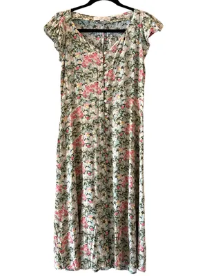Loft Agave Floral Cap Sleeve Sweetheart Neckline Button Down Midi Dress Size 4 thumbnail 3