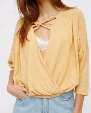 Free People Womens Shirt Sz S‎ Double Knot Peach Crop Top 3/4 Sleeve Open Front thumbnail 1