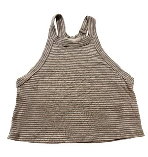 Truly Madly Deeply Tan Cream Striped Ribbed Tank Top Shirt Scoop Small Women's thumbnail 1