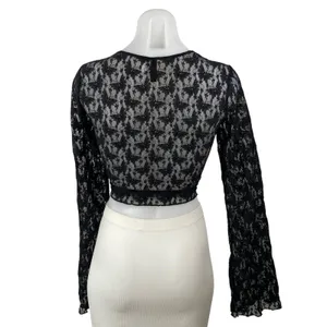 H&M Women's Black Butterfly Floral Lace Mesh Sheer Long Sleeve Crop Top Size M thumbnail 4