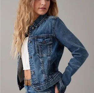 American Eagle Jean Trucker Jacket Distressed Waist Length Blue Denim Women’s M thumbnail 1