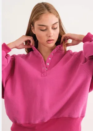Altar'd State Papermoon Piper Snap Button Collared Sweatshirt in fuchsia features a mock neck thumbnail 1
