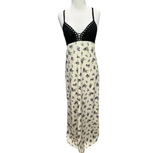 Zara Crochet Satin Maxi Slip Dress Black Cream‎ Lavender Floral Boho Festival S thumbnail 3