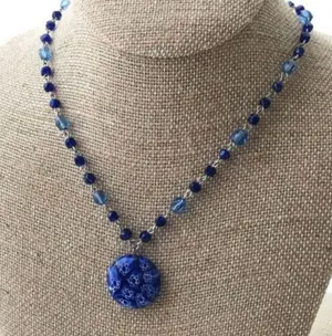 Gorgeous Chain & Beaded Necklace Blue Floral Glass Pendant thumbnail 1
