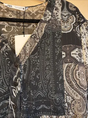 NEW! ZARA Black Gray Paisley Tiered Mini Dress SMALL Semi Sheer Balloon Sleeves thumbnail 7