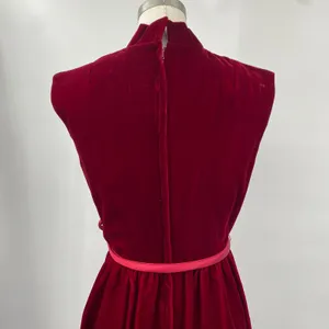 Vintage 60s Velvet Belted Tie Waist Mini Dress High Neck Stand Collar Maroon Red thumbnail 7