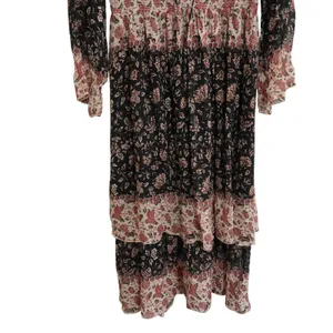 H&M‎ Black Floral Ruffle V-Neck Tiered Midi Dress Boho Cottagecore Fall thumbnail 3