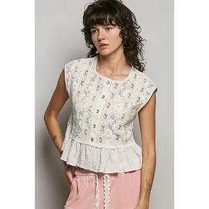 POL Round Neck‎ Lace Sleeveless Top with Double Gauze Ruffle - Small thumbnail 2