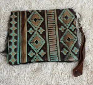 Tooled Navajo Leather & Hair on Hide Wristlet Pouch Clutch Aztec Southwestern‎ thumbnail 1