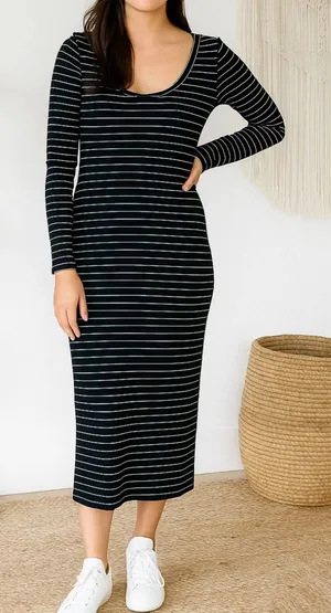 Marine Layer Lexi Ribbed Midi Dress Black White Striped Long Sleeve Size M thumbnail 1