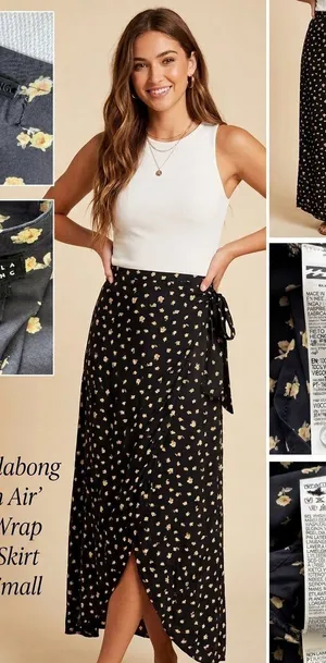 NWT Billabong Ocean Air Floral Maxi Wrap Skirt - Black / Yellow (Size Small) thumbnail 1