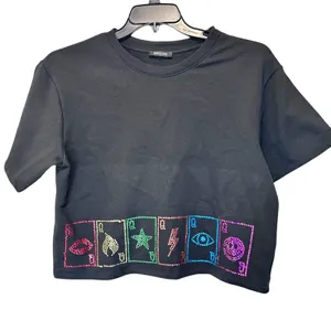 Ruby & Lace Top Cropped Jersey NWT Casual Boho Black Sequins Smiley Lips Size undefined thumbnail 1