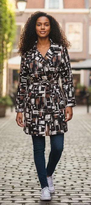 Appraisal Retro style tie front Trench Rain Coat Black Brown White Abstract sz M thumbnail 1