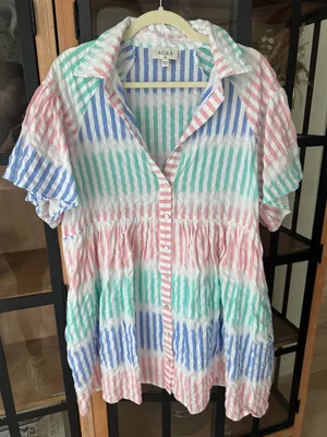AURA Striped pastel babydoll shirt dress mini button down pockets collar short thumbnail 7