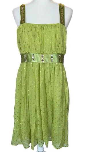 VTG Y2K Green & Gold Custom Handmade Rhinestone Dress Size Small thumbnail 1