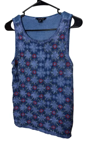 Lucky Brand Embellished Tank Top Women Size M Blue Floral‎ Beaded thumbnail 1