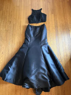 Morilee Dress Set Womens 12 Black Beaded Halter Crop Top Long Skirt Formal Prom thumbnail 1